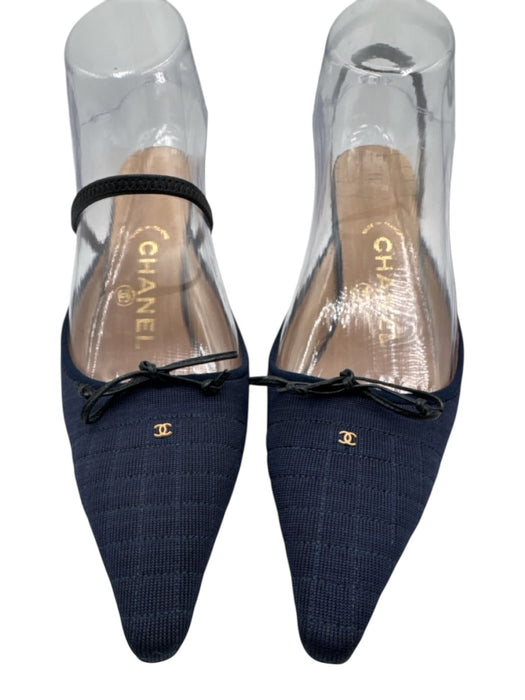 Chanel Shoe Size 36 Dark Blue Canvas & Leather Quilted Midi Kitten Heel Pumps Dark Blue / 36