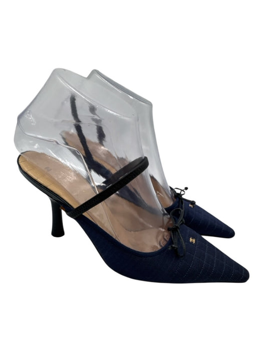 Chanel Shoe Size 36 Dark Blue Canvas & Leather Quilted Midi Kitten Heel Pumps Dark Blue / 36