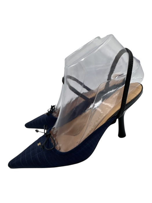 Chanel Shoe Size 36 Dark Blue Canvas & Leather Quilted Midi Kitten Heel Pumps Dark Blue / 36