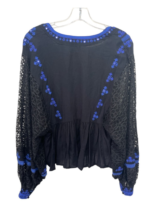 Free People Size M Black & Blue Rayon V Neck Embroidered Lace Sleeve Hi Lo Top Black & Blue / M