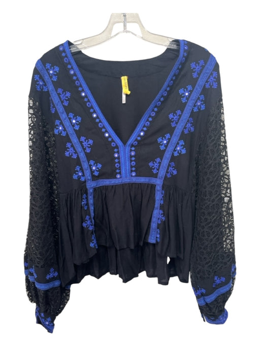 Free People Size M Black & Blue Rayon V Neck Embroidered Lace Sleeve Hi Lo Top Black & Blue / M