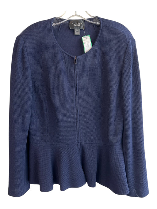 St John Caviar Size 14 Navy Wool Blend Front Zip Peplum Knit Jacket Navy / 14