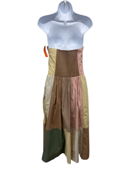 Maeve Size S Brown, Pink, Green Cotton Stripe Patchwork bustier Strapless Dress Brown, Pink, Green / S
