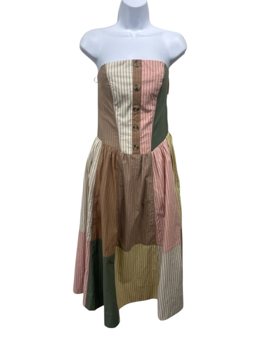 Maeve Size S Brown, Pink, Green Cotton Stripe Patchwork bustier Strapless Dress Brown, Pink, Green / S
