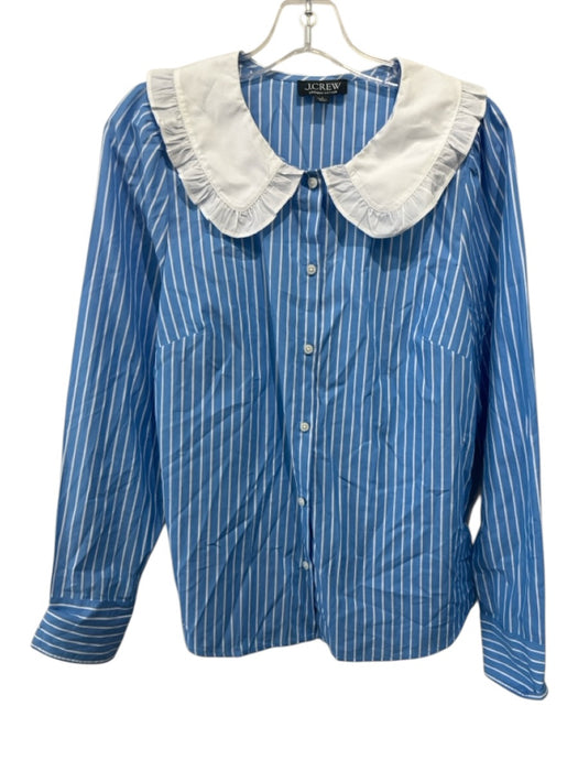 J Crew Size 6 Blue & White Cotton Stripe Long Sleeve Button Up Ruffle Collar Top Blue & White / 6