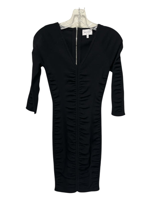 Milly Size XS / P Black Viscose & Polyester V Neck Ruched 3/4 Sleeve Knit Dress Black / XS / P