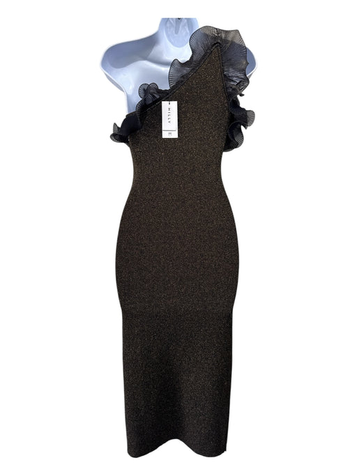 Milly Size Small Gold & Black Polyester & Metallic One Shoulder Rib Knit Dress Gold & Black / Small