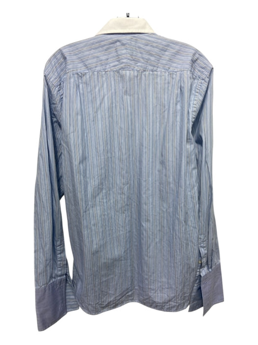 Ted Baker Size 16 Light Blue & White Cotton Striped Men's Long Sleeve Shirt 16