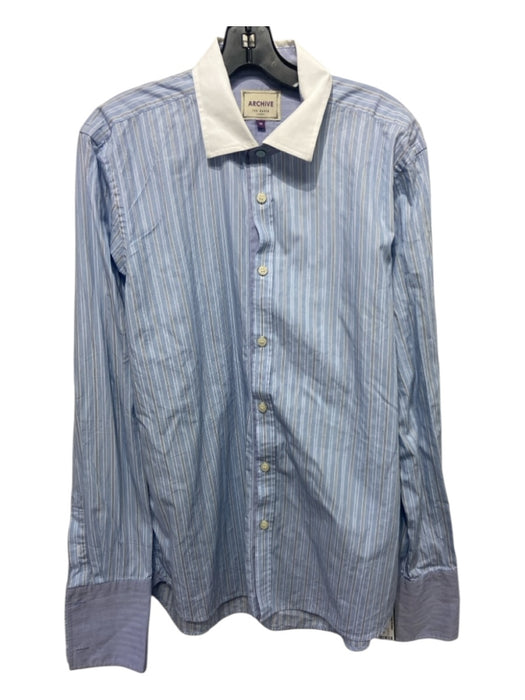 Ted Baker Size 16 Light Blue & White Cotton Striped Men's Long Sleeve Shirt 16