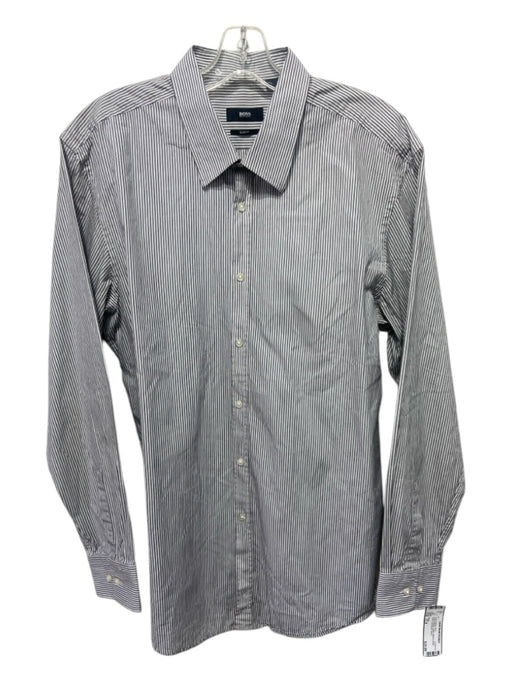 Boss Size 17.5 Gray & White Cotton Striped Button Down Men's Long Sleeve Shirt 17.5