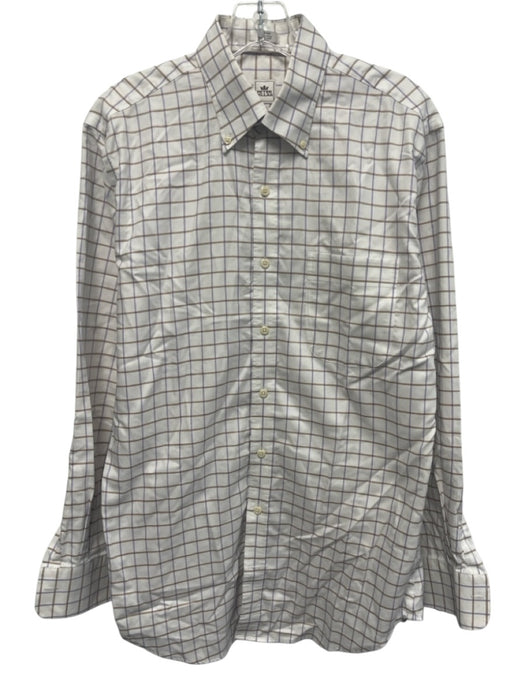 Peter Millar Size M White & Brown Cotton Grid Button Up Men's Long Sleeve Shirt White & Brown / M