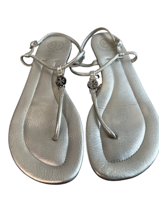 Tory Burch Shoe Size 9.5 Silver Leather Logo Thong Strap ankle strap Shoes Silver / 9.5