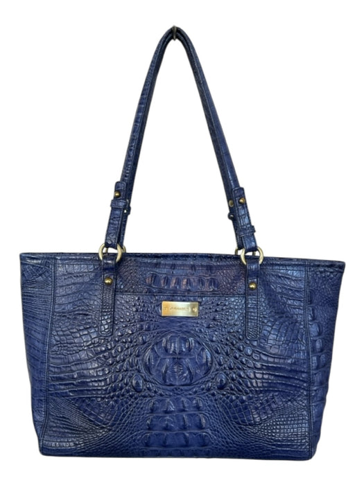 Brahmin Blue Leather Croc Embossed Top Handles GHW Zip Close Bag Blue / L