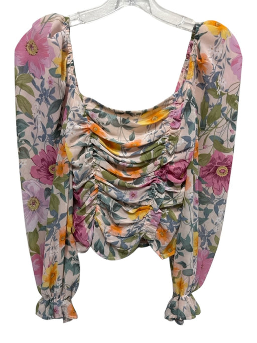 ASTR Size XS Pink, Green, Blue Polyester Ruched Floral Puff Shoulder Top Pink, Green, Blue / XS