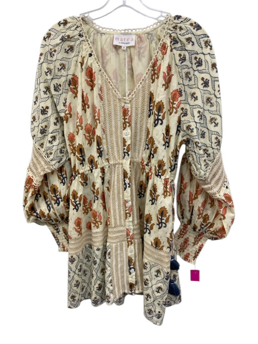Marea Size S Cream & Multi Cotton Scalloped Long Sleeve Floral Button up Dress Cream & Multi / S