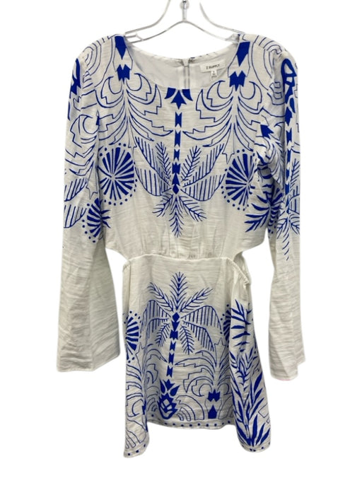 Z Supply Size S White & Blue Rayon Blend Long Sleeve All Over Print Midi Dress White & Blue / S