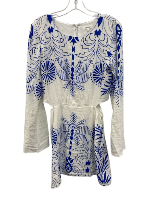 Z Supply Size S White & Blue Rayon Blend Long Sleeve All Over Print Midi Dress White & Blue / S