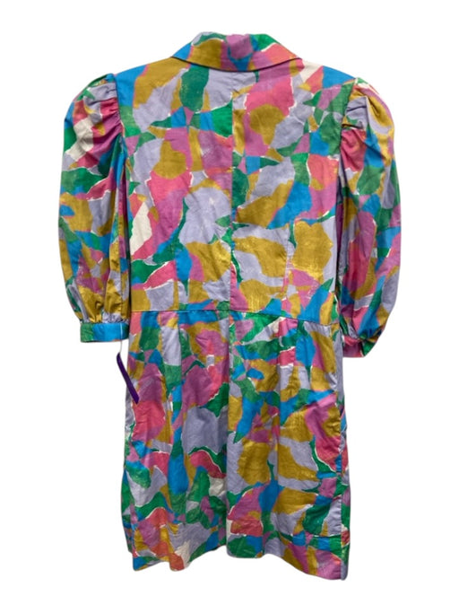 La Roque Size XS Green, Pink, Blue Cotton 3/4 Sleeve Abstract Button Up Dress Green, Pink, Blue / XS