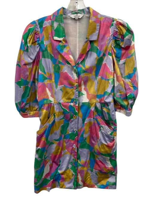 La Roque Size XS Green, Pink, Blue Cotton 3/4 Sleeve Abstract Button Up Dress Green, Pink, Blue / XS
