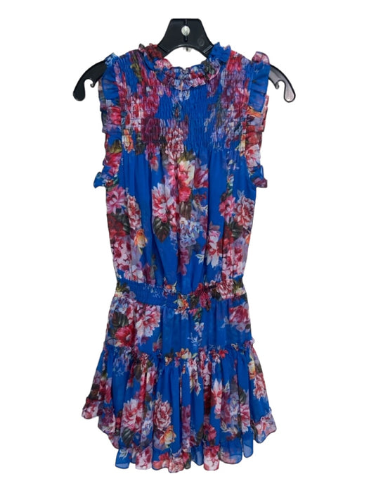 Misa Size XS Blue, Red, Pink Polyester Floral Front Tie V Neck Smocked Dress Blue, Red, Pink / XS