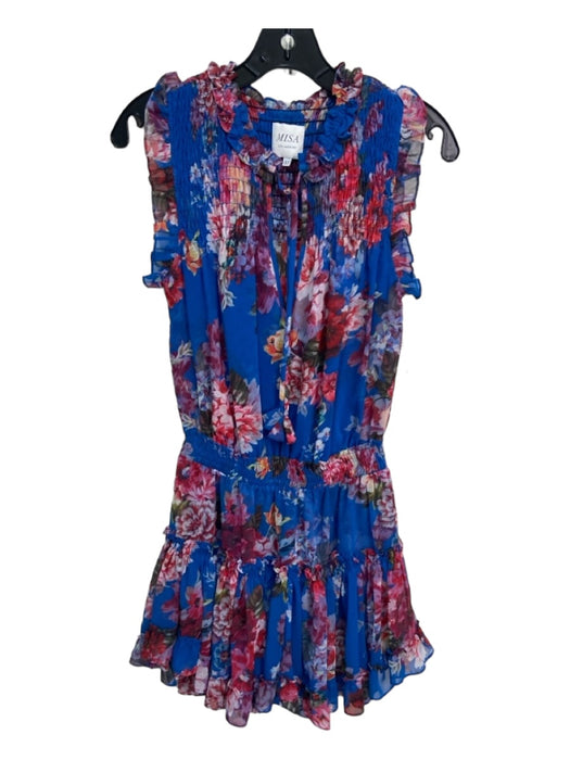 Misa Size XS Blue, Red, Pink Polyester Floral Front Tie V Neck Smocked Dress Blue, Red, Pink / XS