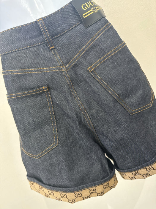 Gucci Size 27 Dark Wash & Brown Cotton Denim Logo Cuffed High Waist Shorts