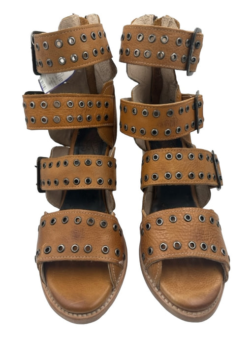 Freebird Shoe Size 10 Tan Leather Grommets Open Toe Back Zip Pumps Tan / 10