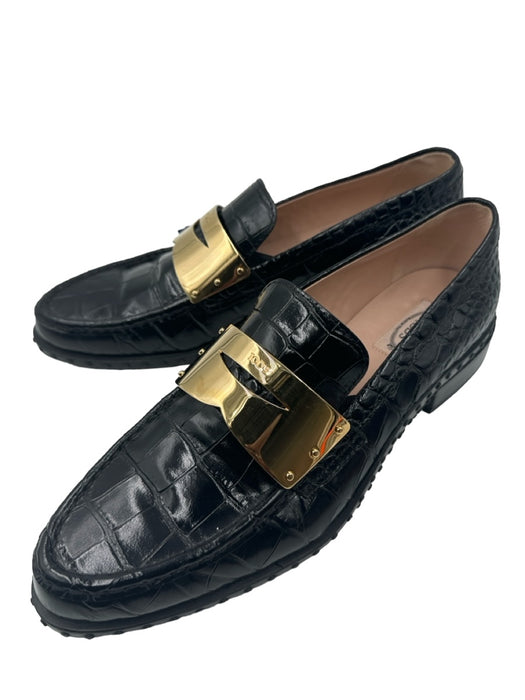Tods Shoe Size 41 Black Patent Leather Gold hardware Croc Embossed Loafers Black / 41