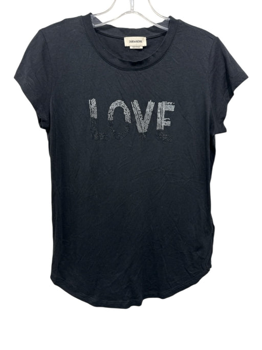 Zadig & Voltaire Size Small Black & Silver Cotton Blend Cap Sleeve Text Top Black & Silver / Small