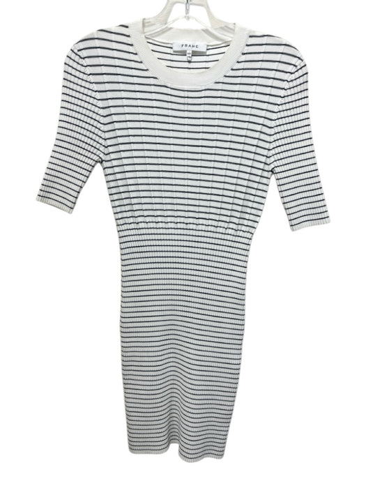 Frame Size M White & Navy Viscose Blend Striped Ribbed Knit Short Sleeve Dress White & Navy / M