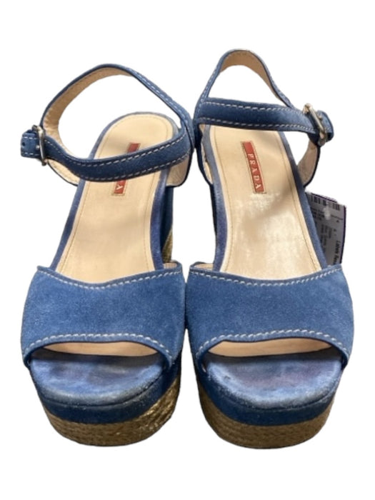 Prada Shoe Size 9 Blue Suede Silver Buckle Open Toe Ankle Strap Platform Shoes Blue / 9