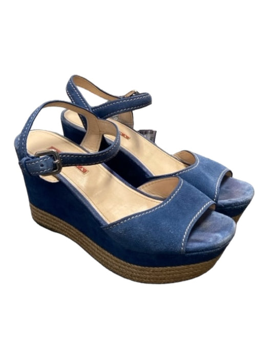 Prada Shoe Size 9 Blue Suede Silver Buckle Open Toe Ankle Strap Platform Shoes Blue / 9