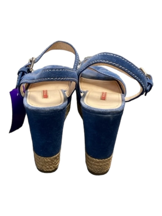 Prada Shoe Size 9 Blue Suede Silver Buckle Open Toe Ankle Strap Platform Shoes Blue / 9