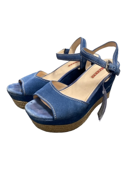 Prada Shoe Size 9 Blue Suede Silver Buckle Open Toe Ankle Strap Platform Shoes Blue / 9