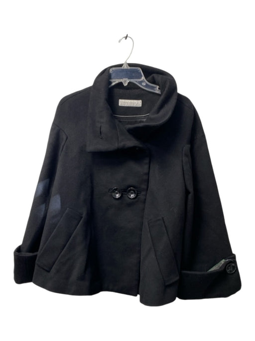 Zara Size Large Black Wool High Collar Double Breast Side Pocket Pea Coat Jacket Black / Large