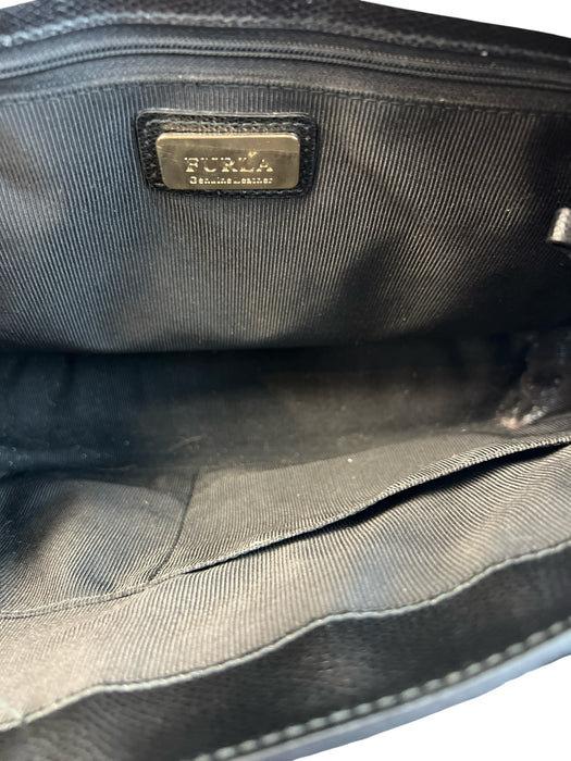 Furla Black Leather goldtone hardware 2 handles Top Zip Interior Zip Pouch Bag Black / Medium