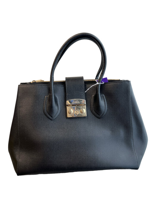 Furla Black Leather goldtone hardware 2 handles Top Zip Interior Zip Pouch Bag Black / Medium