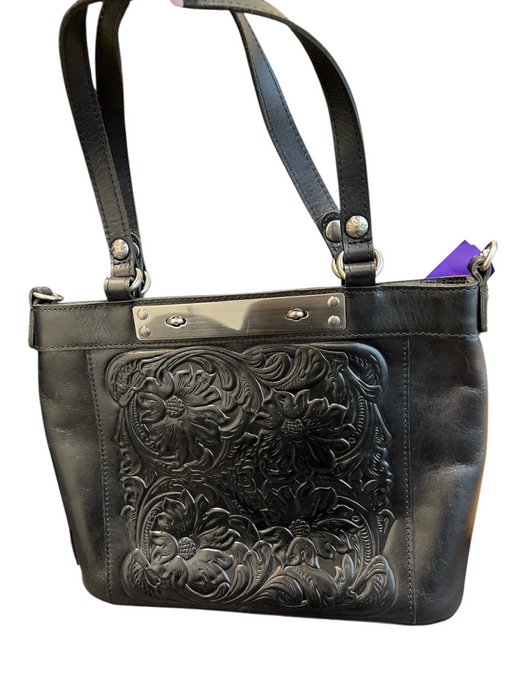 Patricia Nash Black Leather Double Handle Silver Hardware Tooled Bag Black / Medium