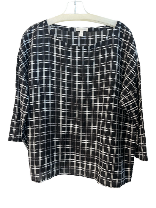 Eileen Fisher Size Large Black & White Linen Blend Wide Neck Half Sleeve Top Black & White / Large