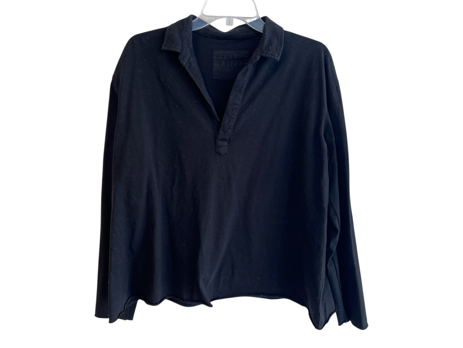 Frank & Eileen Size Large Black Cotton Long Sleeve Collared V Neck Top Black / Large