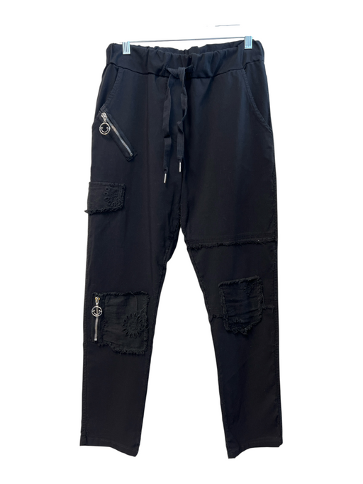 Brand Bazar Size Est Small Black Viscose Drawstring Waist Patches Pants Black / Est Small