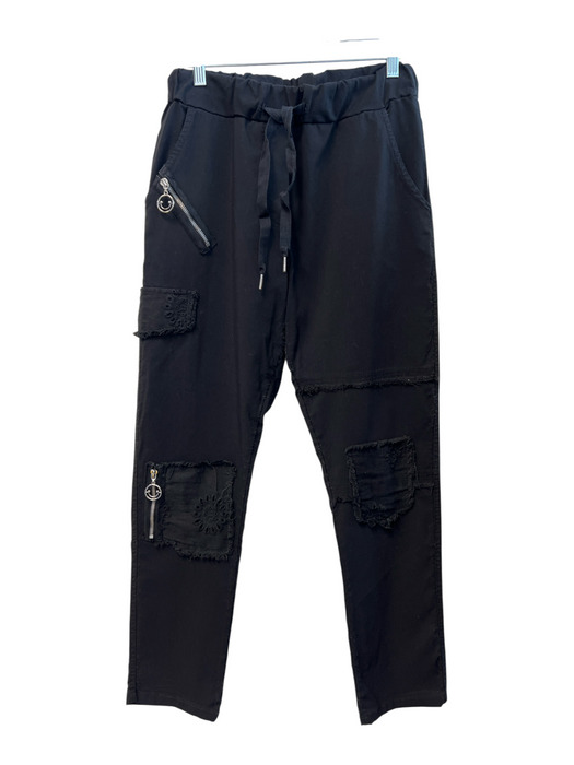 Brand Bazar Size Est Small Black Viscose Drawstring Waist Patches Pants Black / Est Small