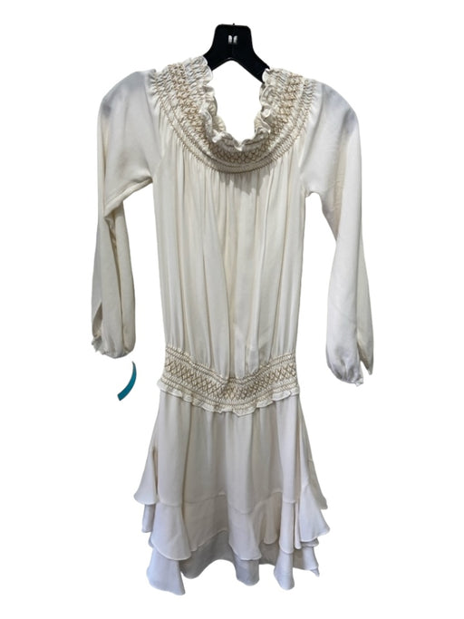 A.L.C. Size 2 White & Gold Silk Smocked Neck Long Sleeve Ruffle Hem Dress White & Gold / 2