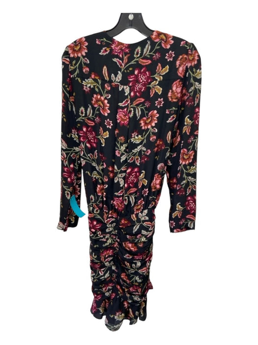 A.L.C. Size 4 Black Pink Green Silk Floral Surplice Long Sleeve rouched Dress Black Pink Green / 4