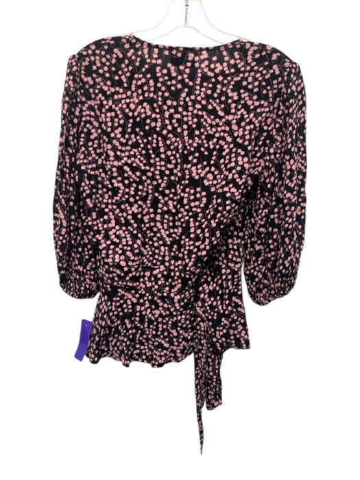 Ganni Size 34 / S Black & Pink Viscose Floral 3/4 puff sleeve Tie Waist Wrap Top Black & Pink / 34 / S