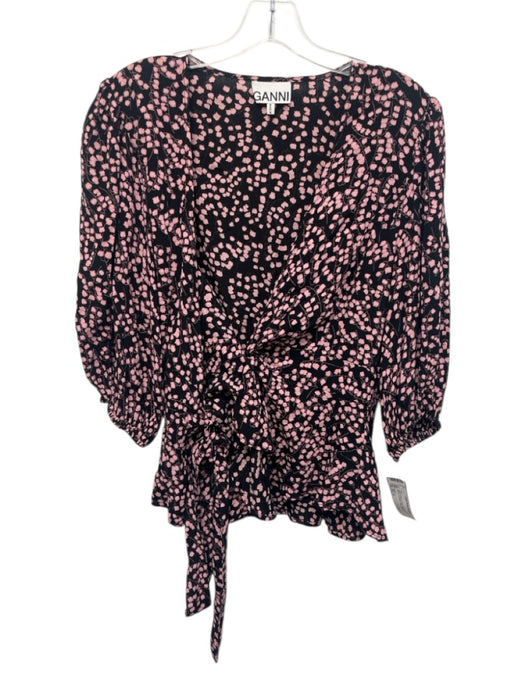 Ganni Size 34 / S Black & Pink Viscose Floral 3/4 puff sleeve Tie Waist Wrap Top Black & Pink / 34 / S