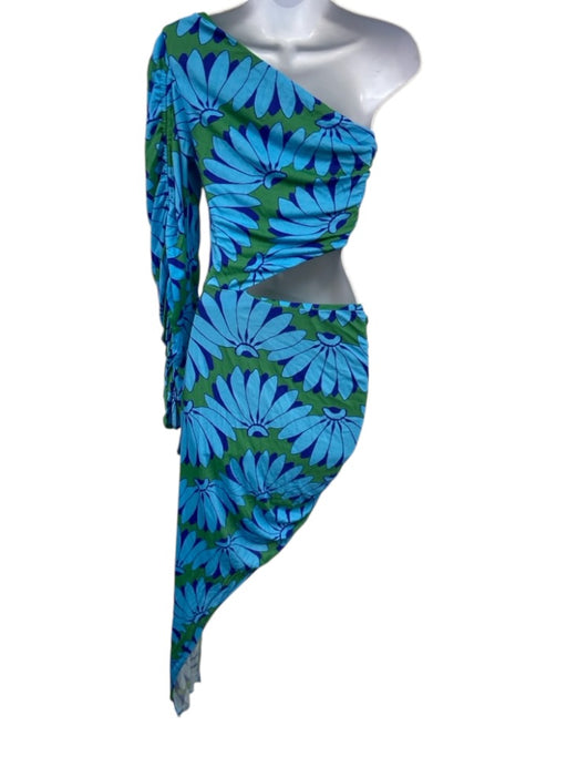 Farm Rio Size S Blue & Green Viscose Floral One Shoulder Assymetric Ruched Dress Blue & Green / S