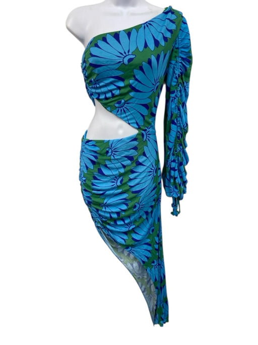 Farm Rio Size S Blue & Green Viscose Floral One Shoulder Assymetric Ruched Dress Blue & Green / S