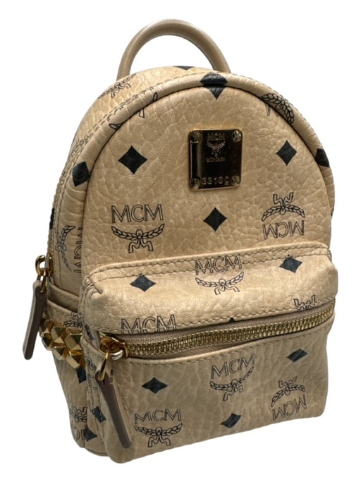 MCM Beige, Black, Gold Grained Leather Logo Studs Mini Backpack Bag Beige, Black, Gold / Small