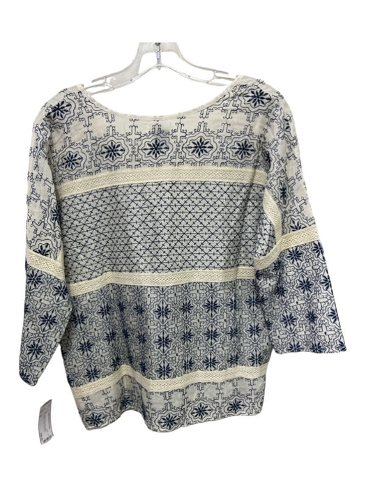 Velvet Size S Cream & Navy print Cotton Embroidered V Neck 3/4 Sleeve Top Cream & Navy print / S